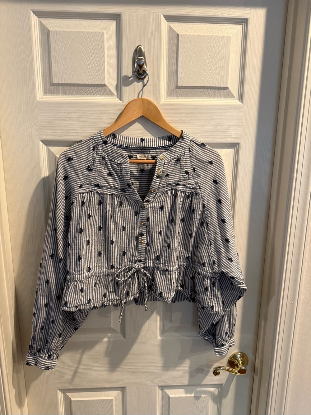 Pilcro Navy and White Striped Drawstring Peasant Blouse